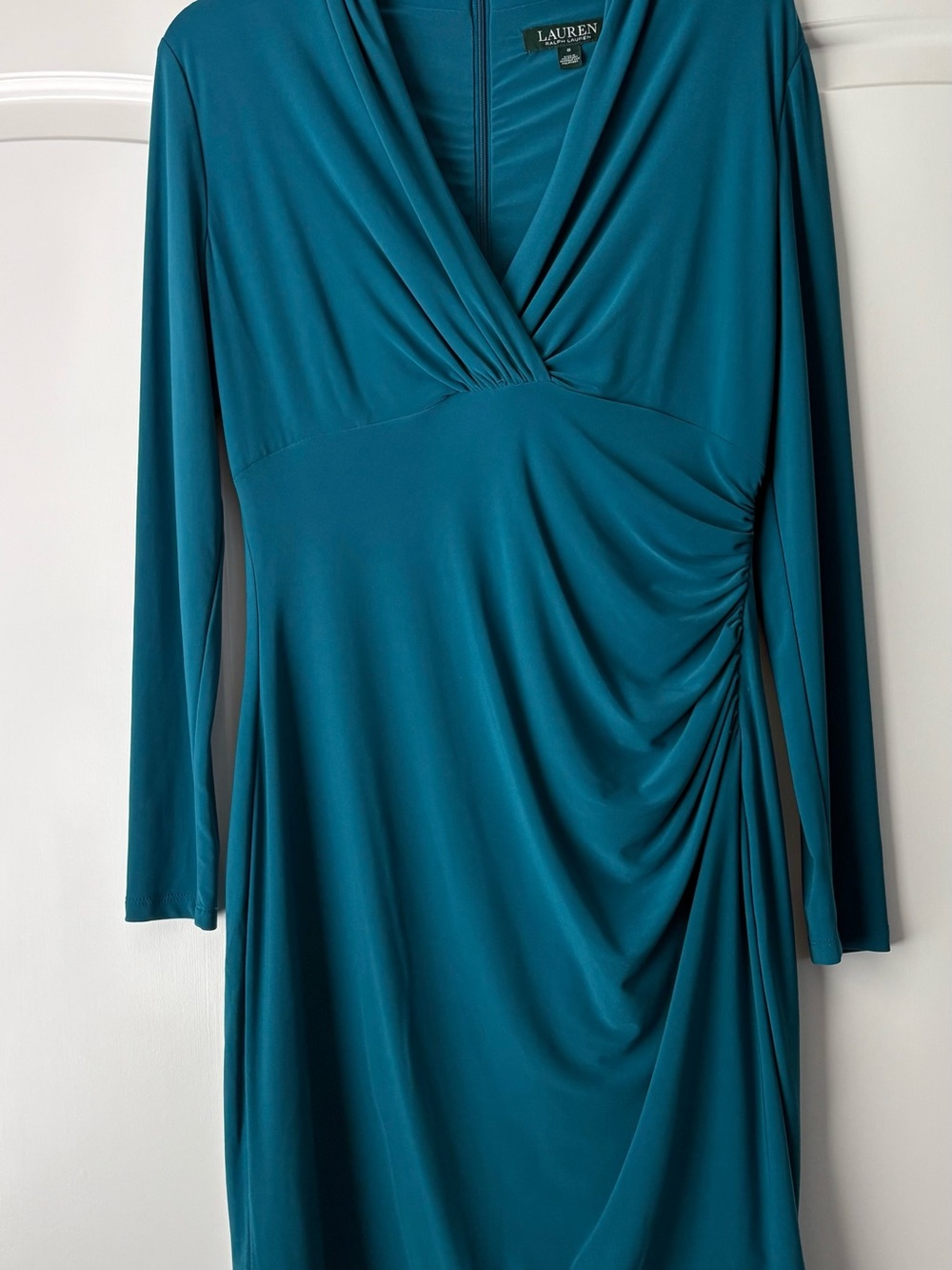 Lauren Ralph Lauren Teal V-Neck Long-Sleeve Draped Dress